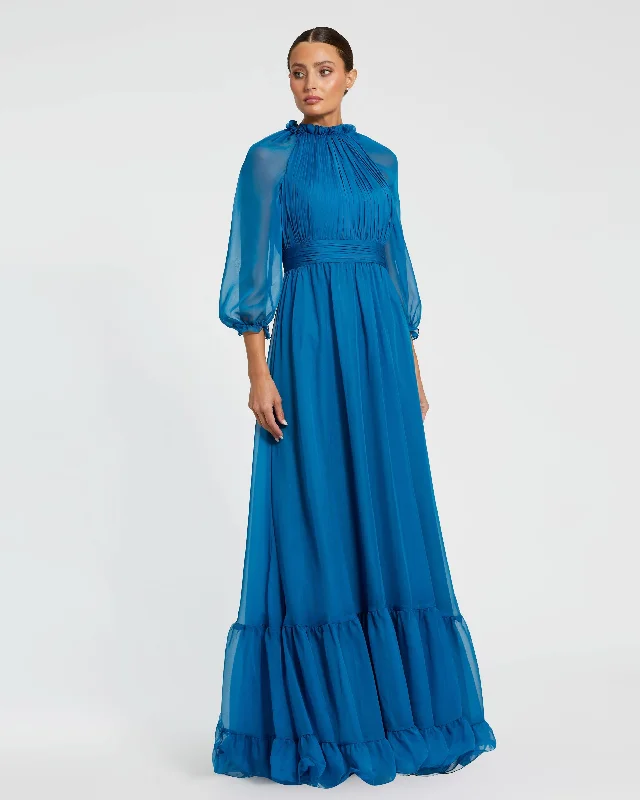 Blue Chiffon Ruched Illusion Raglan Sleeve Ruffled Gown