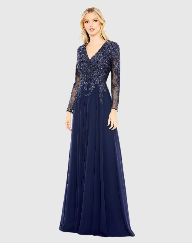 Blue Embellished Illusion V Neck Long Sleeve Gown