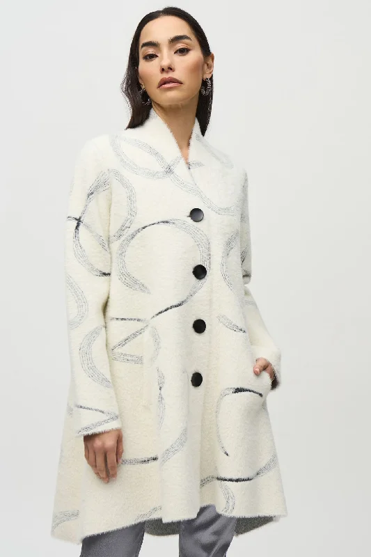 Joseph Ribkoff 244930 Vanilla Ivory Black Abstract Jacquard Sweater Coat