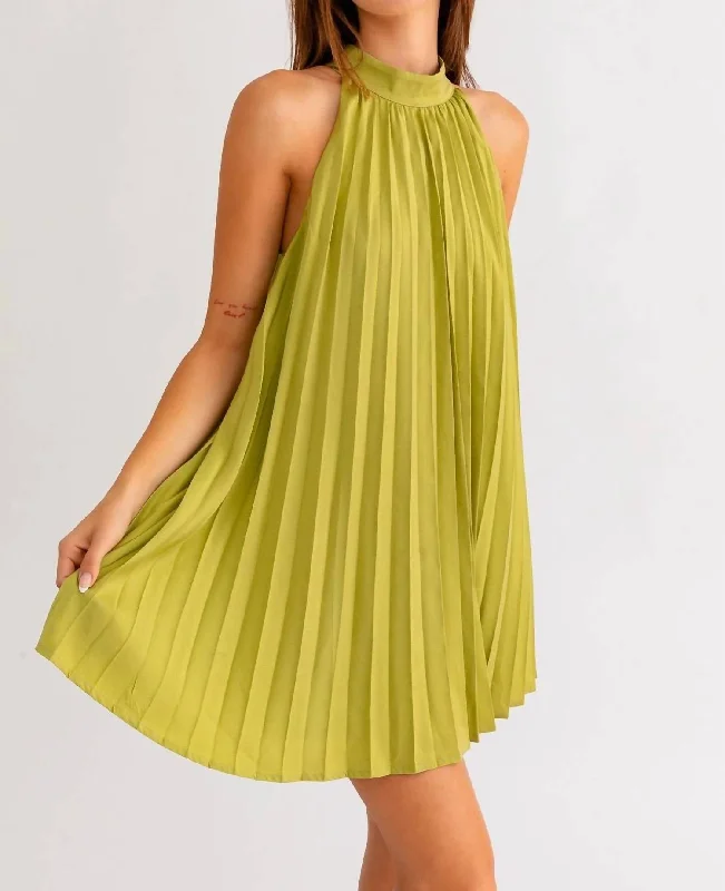 Pleated Halter Dress In Light Green