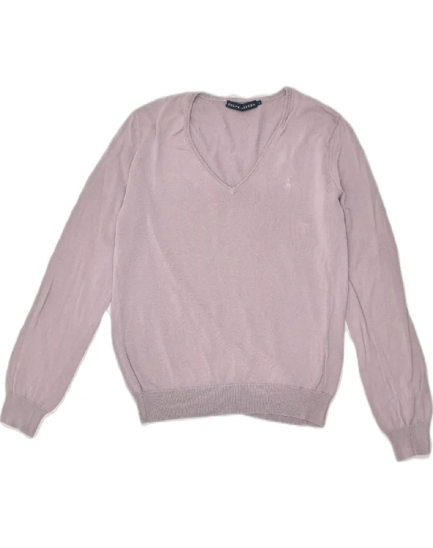 RALPH LAUREN Womens V-Neck Jumper Sweater UK 14 Large Pink Cotton