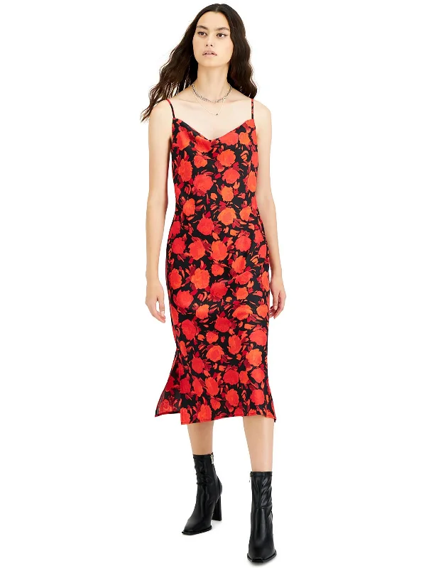 Womens Floral Drapey Neckline Slip Dress