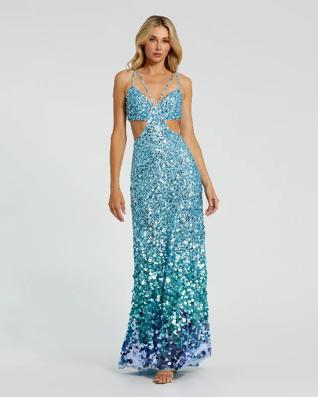 Blue Thin Strap Cut Out Gown With Ombre Sequins