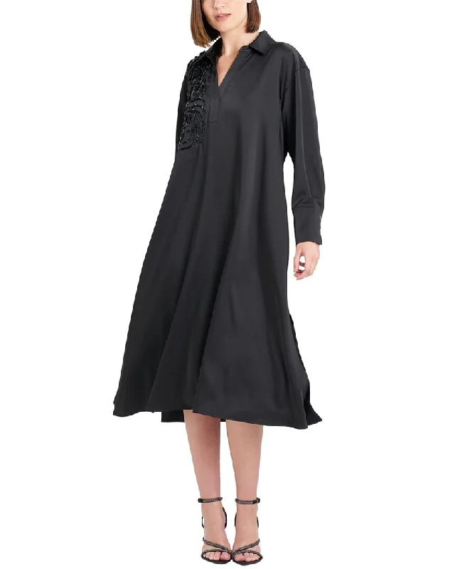 Natori Luxe Charmeuse Embroidered Oversized Shirtdress