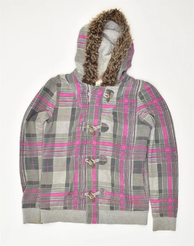 ROXY Womens Zip Hoodie Sweater UK 14 Medium Grey Check Cotton