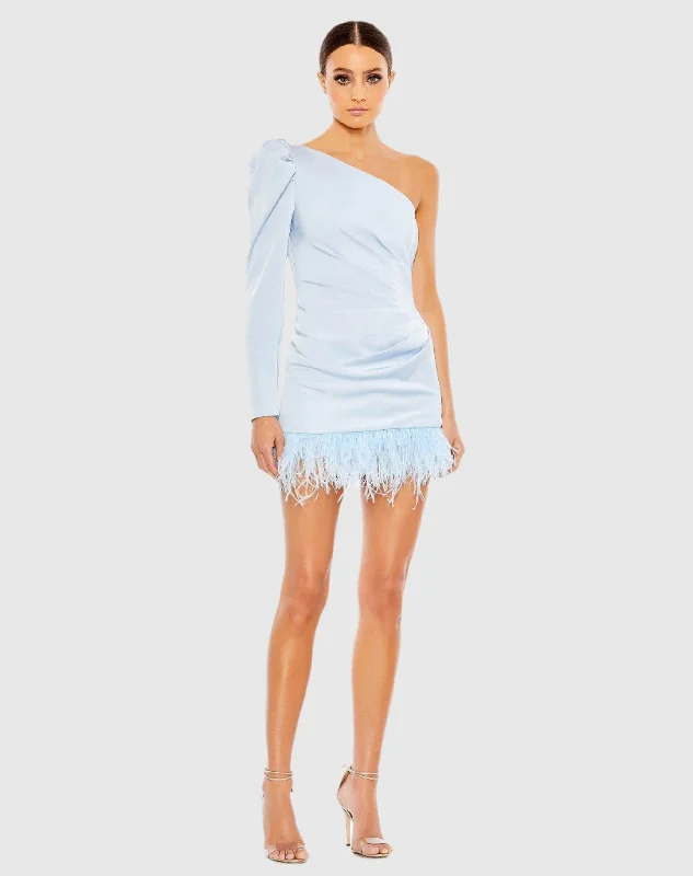 Blue Feather Trim One Shoulder Draped Mini Dress - FINAL SALE