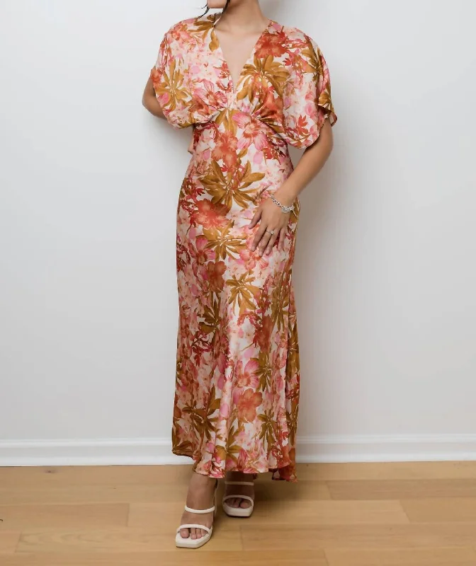 The Autumn Lily Floral Satin Maxi Dress In Blush