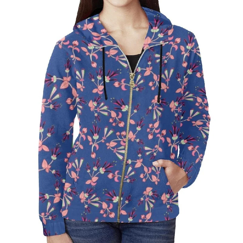 Swift Floral Peach Blue Full Zip Hoodie for Women