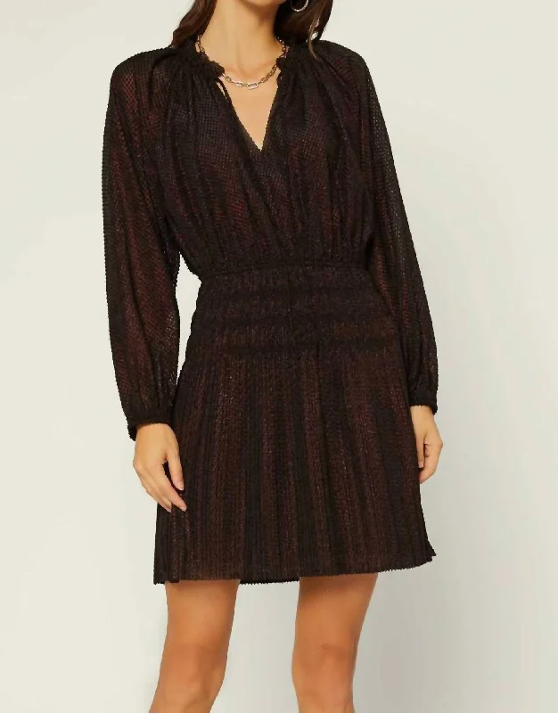 Long Sleeve Mini Dress With Ruffled Neck Tie In Black Red