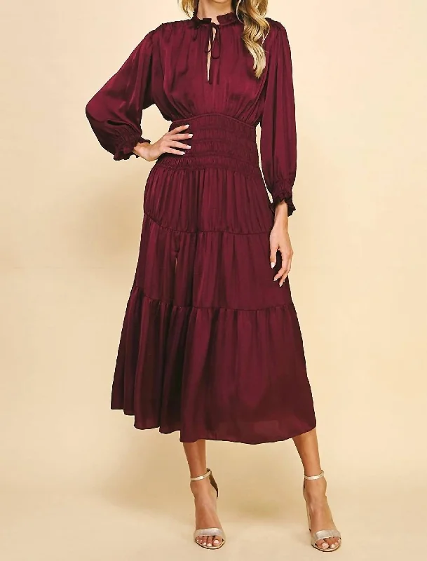 Smocked Tiered Midi Dress In Deep Wine