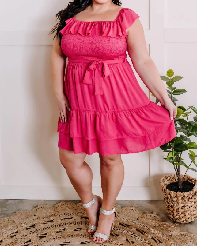 Tiered Smocked Dress With Belt In Bright Spanish Pink