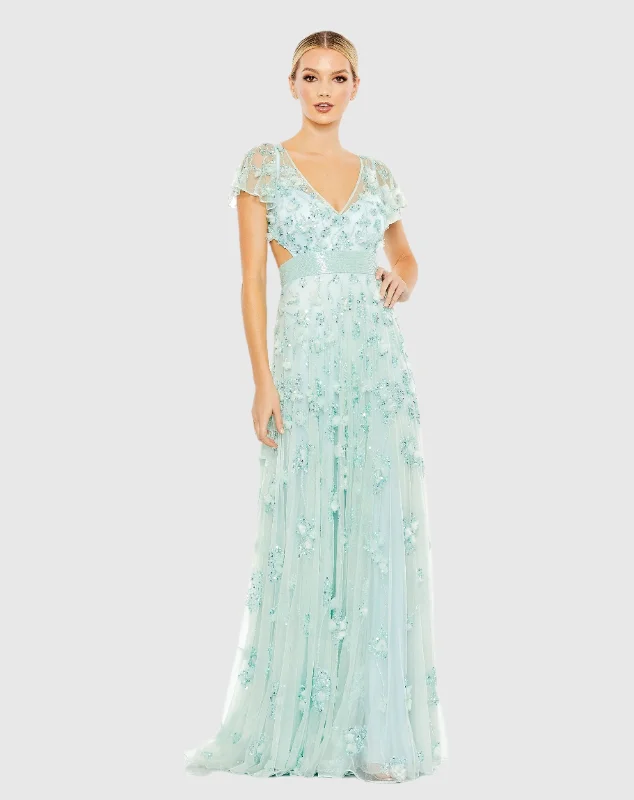 Light Blue Embellished Lace Up Flowy Gown - FINAL SALE