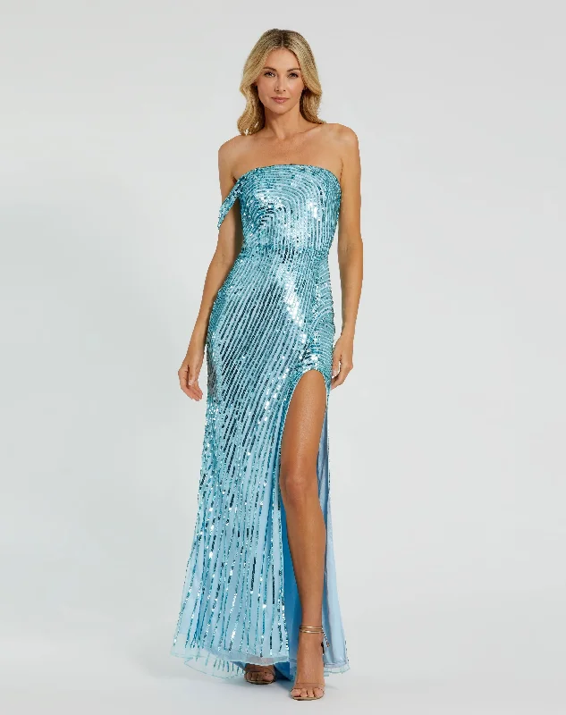 Blue One Shoulder Mesh Sequin Gown With Slit