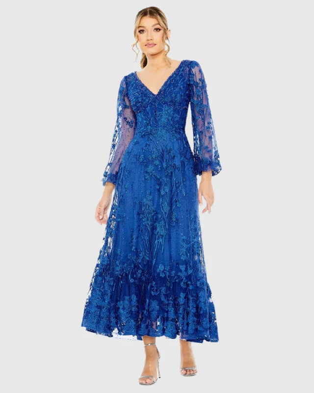 Blue V-Neck Mesh Puff Sleeve A Line Embellished Tea Length Dress