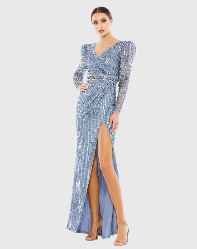 Blue Sequin Puff Sleeve Surplice Gown