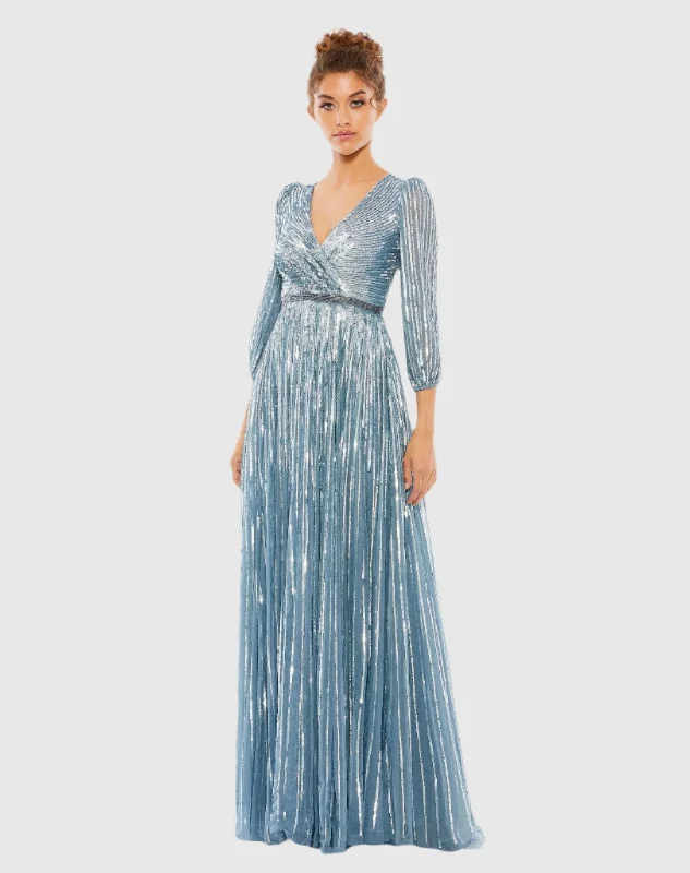 Sequined Wrap Over 3/4 Sleeve Gown