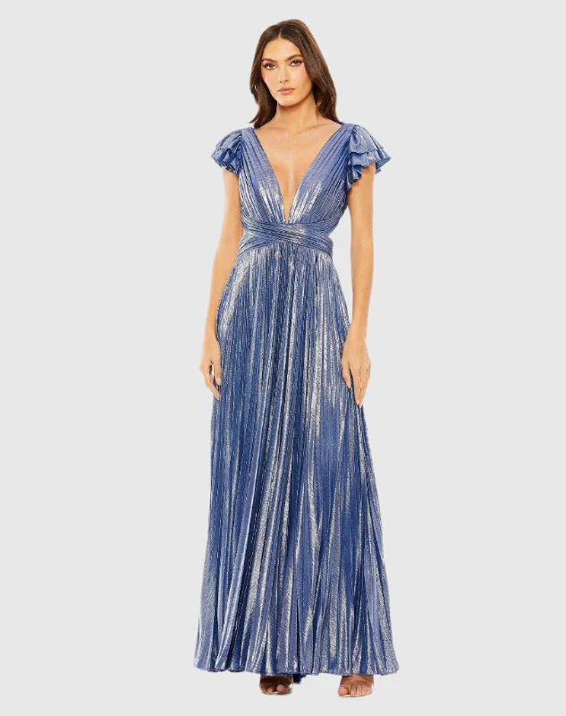 Blue Ruffle Sleeve Cutout Pleated Metallic Gown