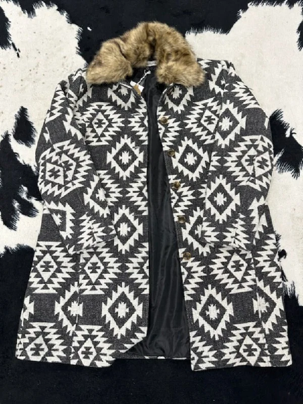 Ladies Long Wool Blend Aztec Coat