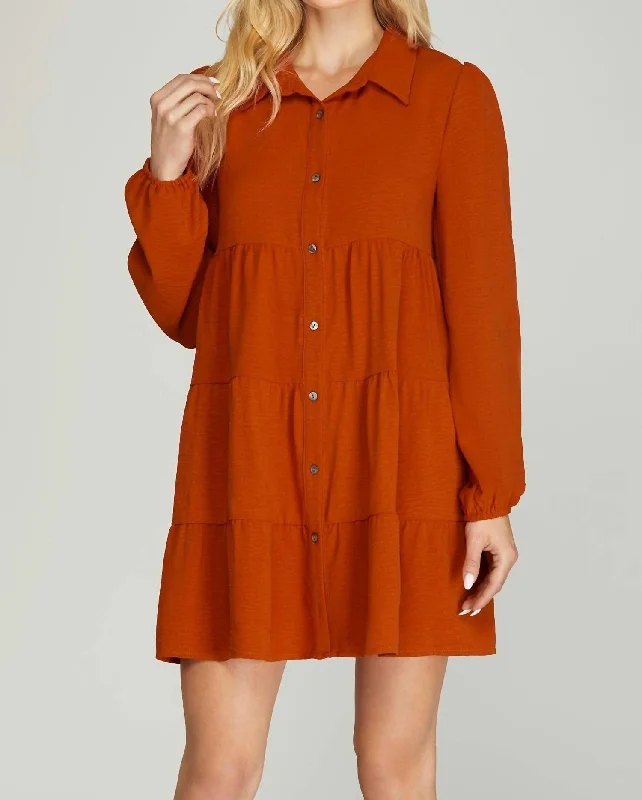 Long Sleeve Tiered Button Down Dress In Pumpkin