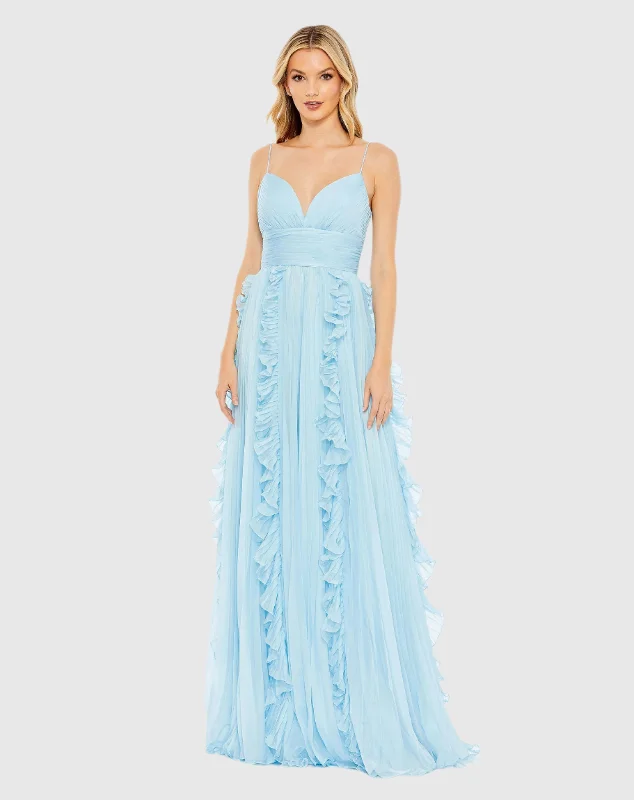 Blue Pleated Sleeveless Flowy Gown