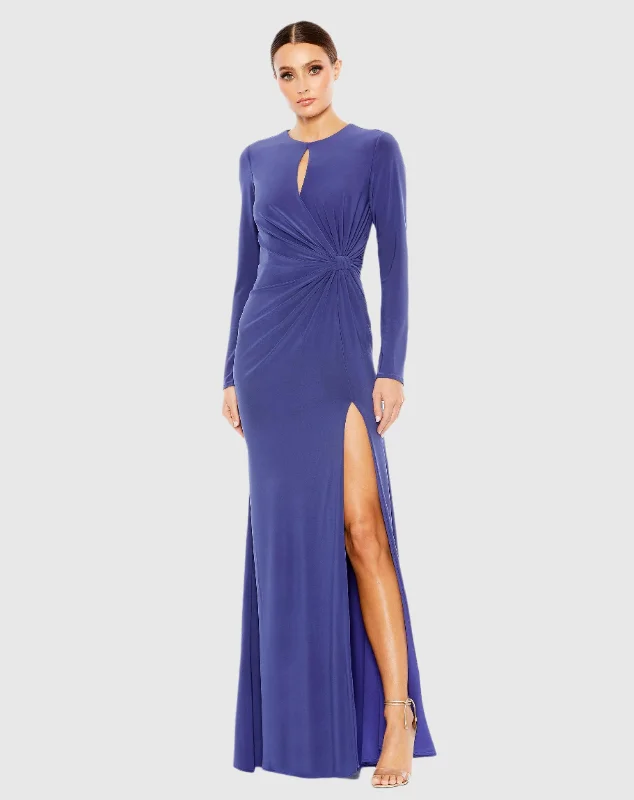 Blue Long Sleeve Keyhole Draped Gown