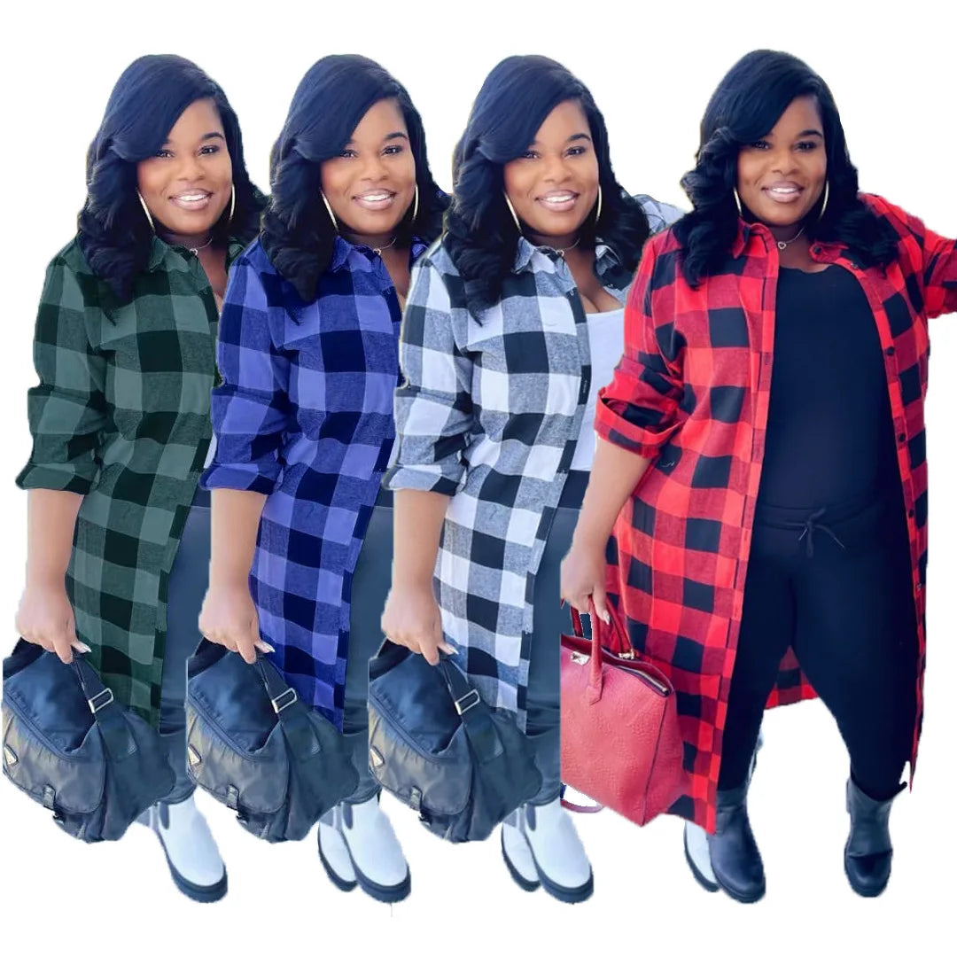 Plus size Long Sleeve Shirt Long Plaid Jacket Winter and Autumn Jacket Patchwork Plaid Jacket