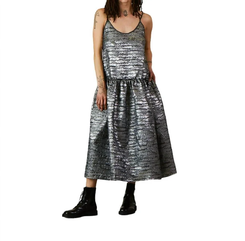 Jacquard Drop Waist Ruffle Dress In Silver