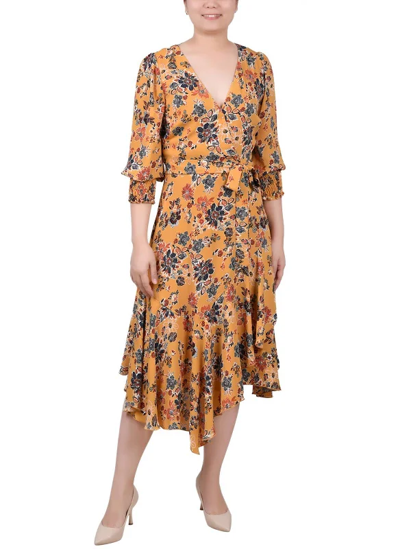 Petites Womens Chiffon Floral Midi Dress