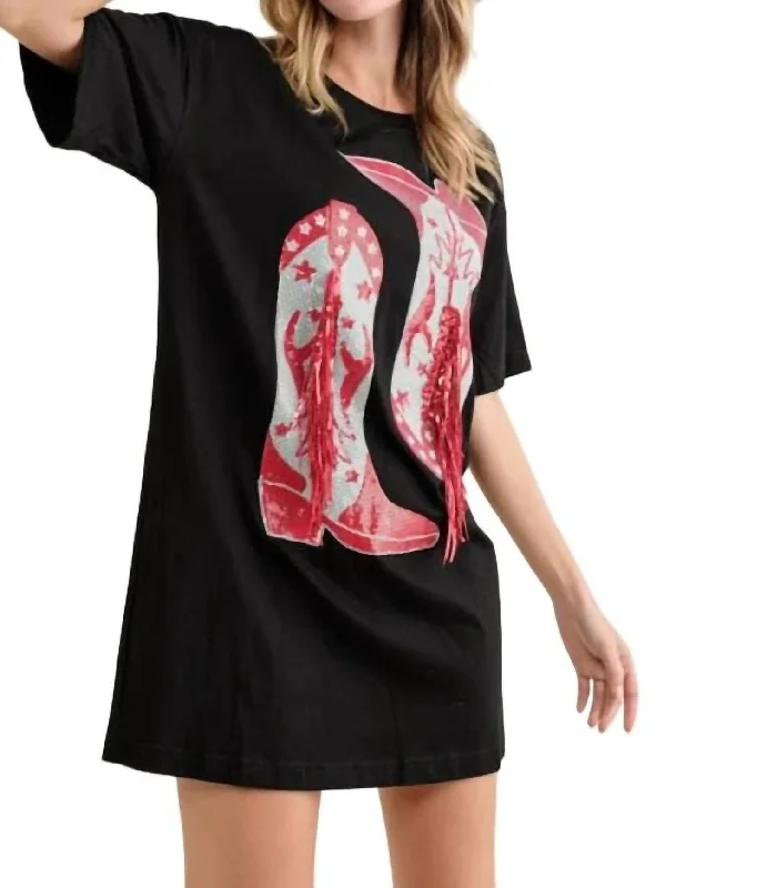 Cotton Sequin Western Cowboy Graphic Mini Dress In Black