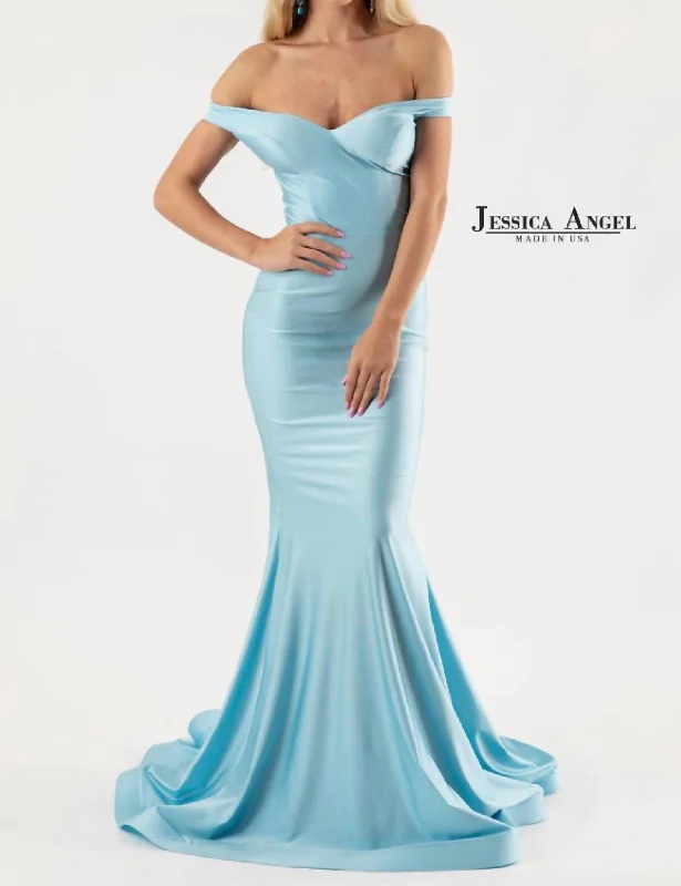 Off The Shoulder Evening Gown In Cold Blue