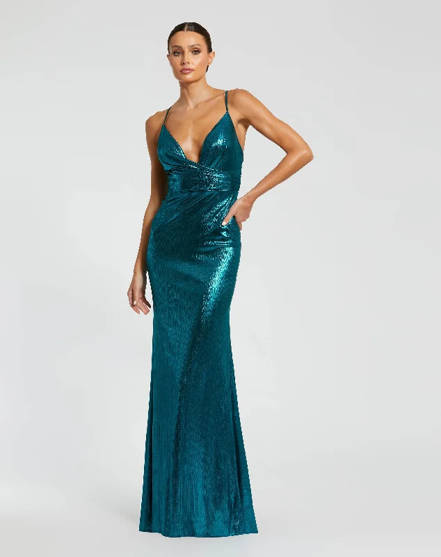 Teal Metallic Faux Wrap Spaghetti Strap Gown