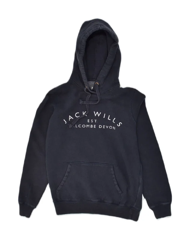 JACK WILLS Womens Graphic Hoodie Jumper UK 8 Small Navy Blue Cotton