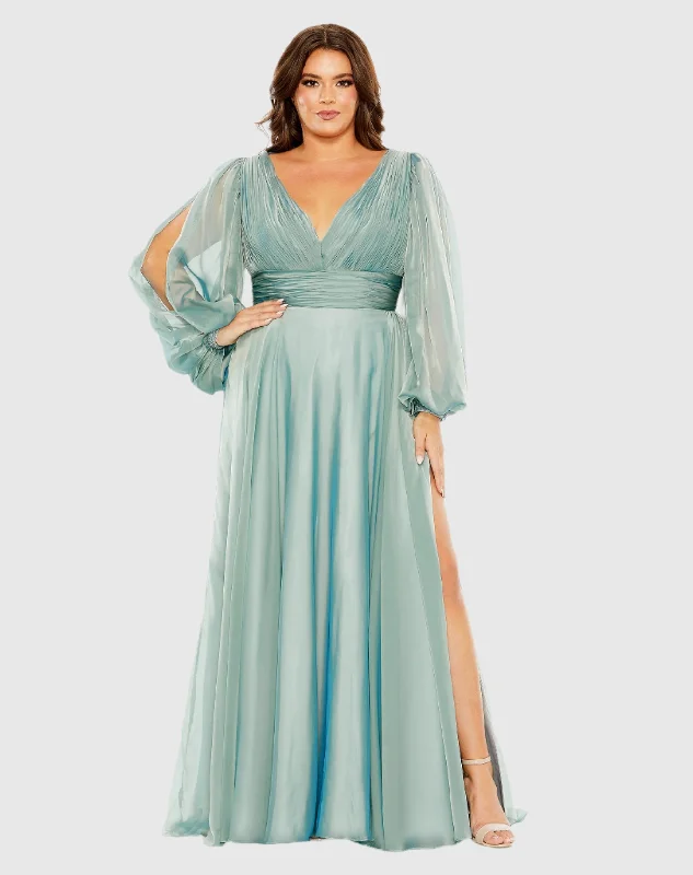 Blue Puff Sleeve w/ Embellished Cuff V Neck A Line Gown