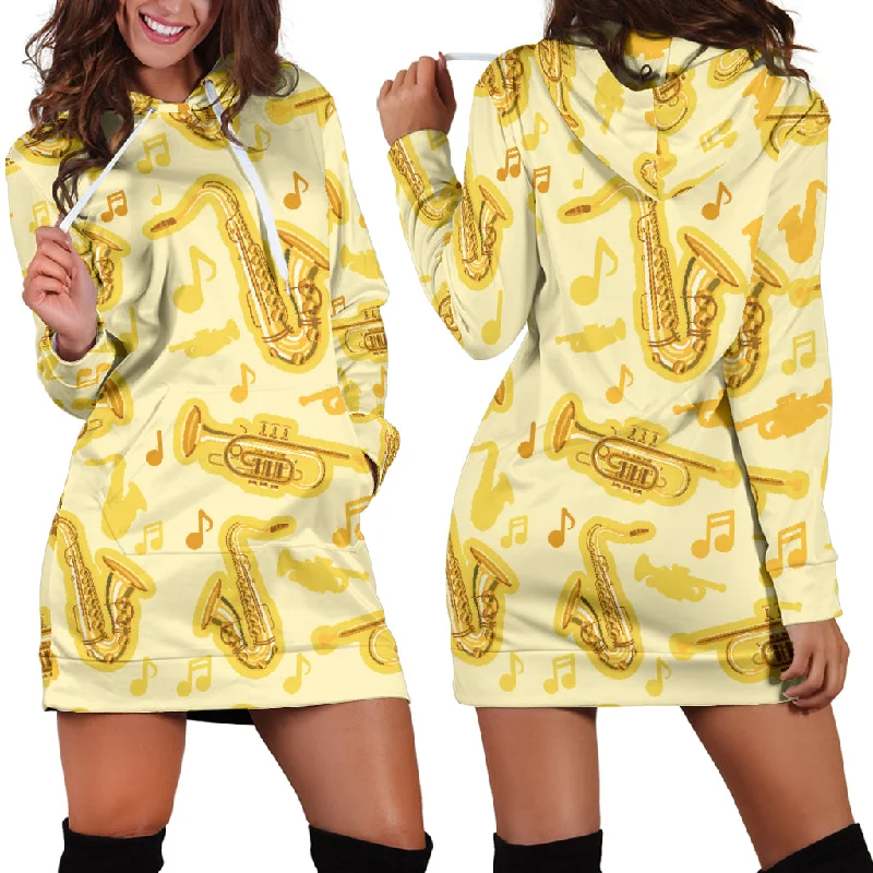 Saxophone Cornet Pattern Yellow Background Women'S Hoodie Dress