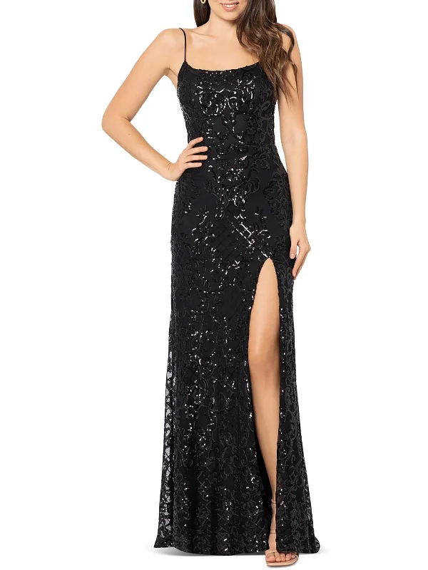 Juniors Womens Sequined Long Evening Dress