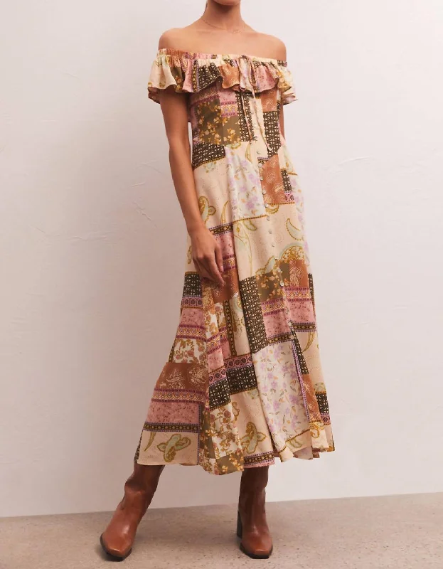 Veda Off Shoulder Midi Dress In Multi