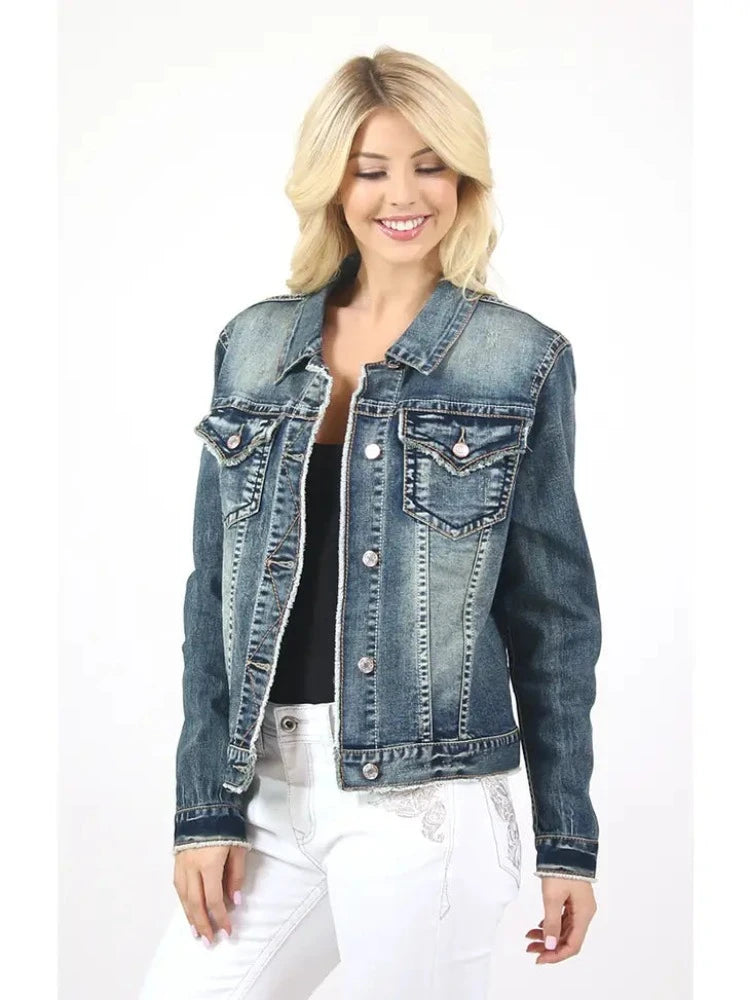 Women's Grace In LA Medium Wash Raw Hem Denim Jacket