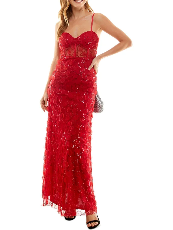 Juniors Womens Sequined Illusion Evening Dress