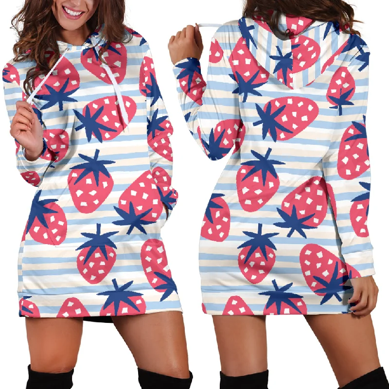 Strawberry Pattern Blue Lines Background Women'S Hoodie Dress