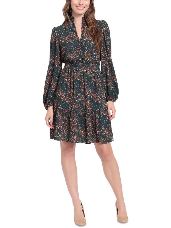 Petites Womens Floral Ruffles Mini Dress