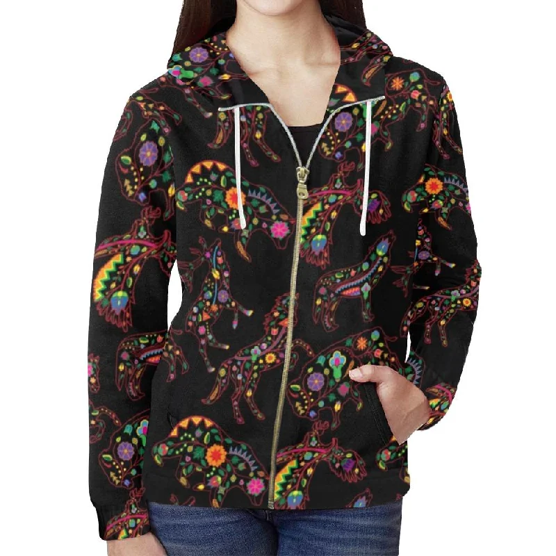 Neon Floral Animals Full Zip Hoodie for Women