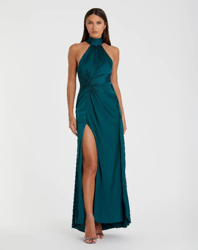 Blue Open Back High Neck Side Ruched Gown