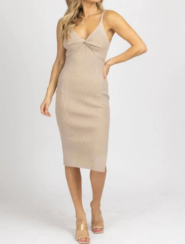 Twist Front Knit Ribbed Midi Dress In Stone