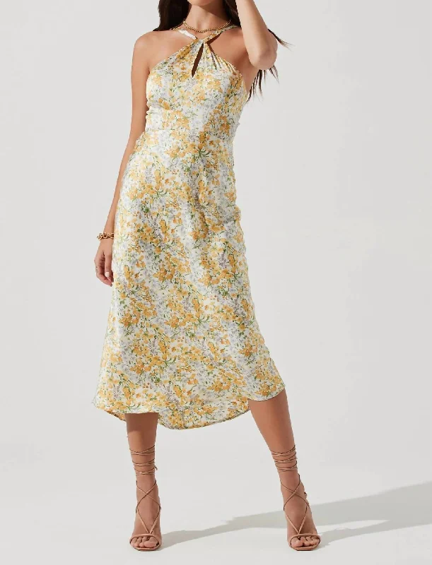 Sandrine Floral Halter Midi Dress In Cream Yellow Floral