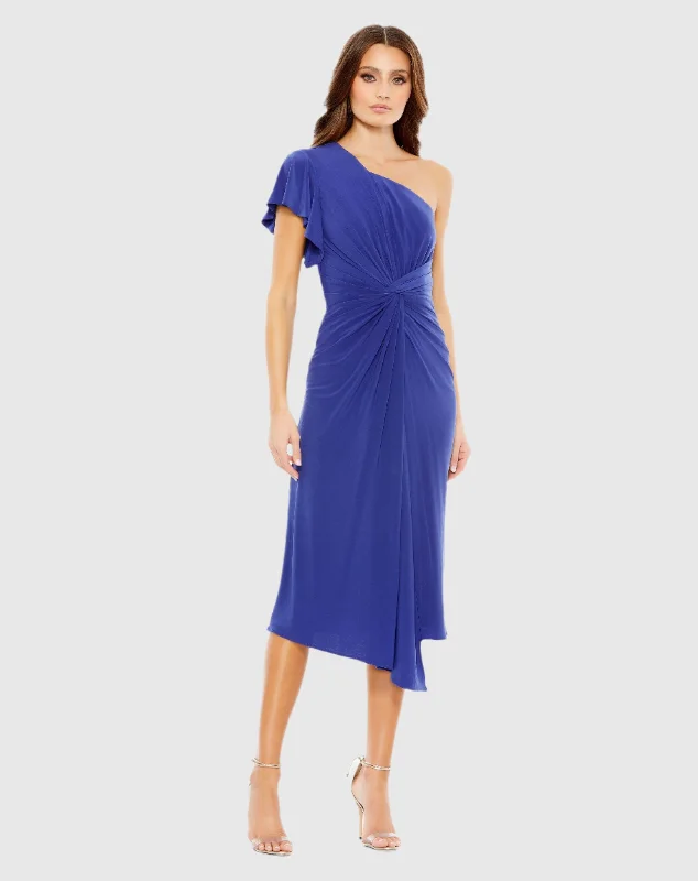 Blue One Shoulder Midi Length Jersey Dress