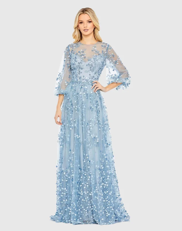 Embroidered Puff Sleeve A-Line Gown