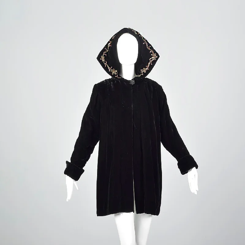 1940s Black Velvet Coat with Sequin Hood