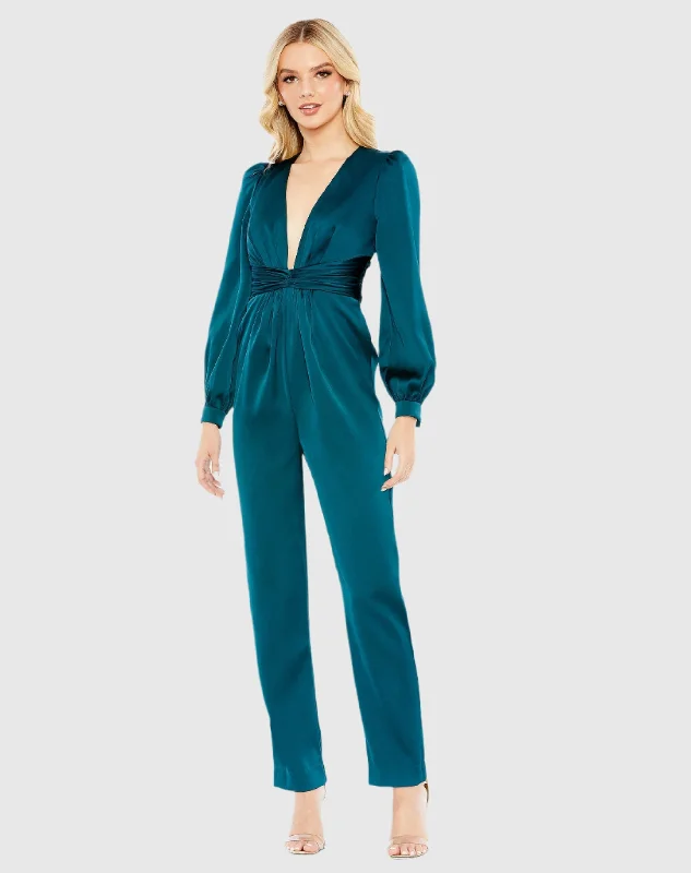 Teal Front Twist Puff Sleeve Deep V Jumpsuit