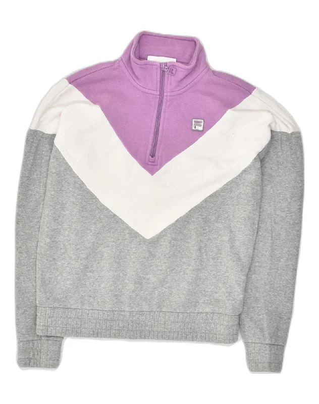 FILA Womens Zip Neck Sweatshirt Jumper UK 6 XS Grey Colourblock Cotton