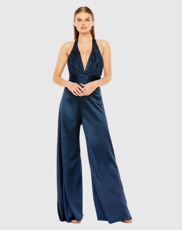 Blue Ruched Halter Top Wide Leg Satin Jumpsuit